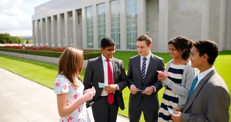 A group of youth looking at family name cards outside of a temple.