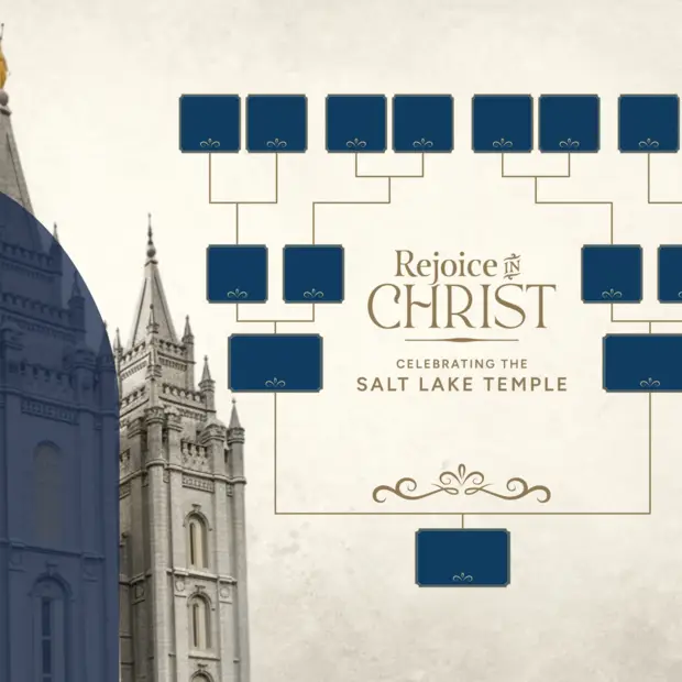 選擇The words Rejoice in Christ beside a close-up of the Salt Lake Temple背景