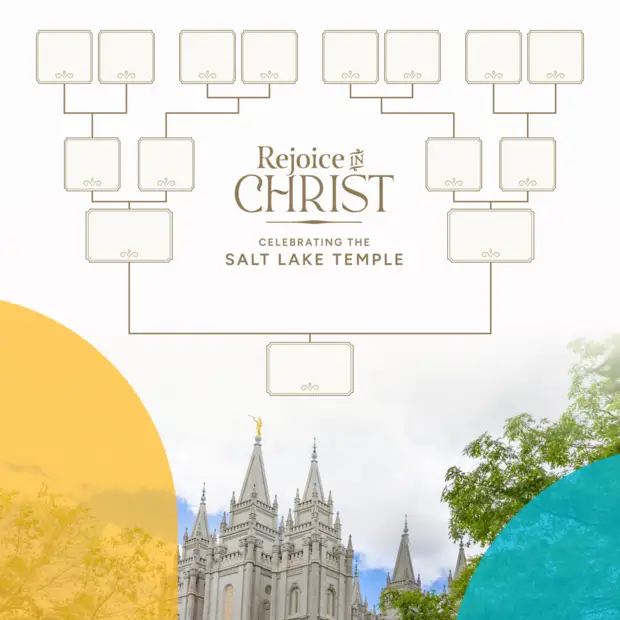 選擇The words Rejoice in Christ above a photo of the Salt Lake Temple and trees背景