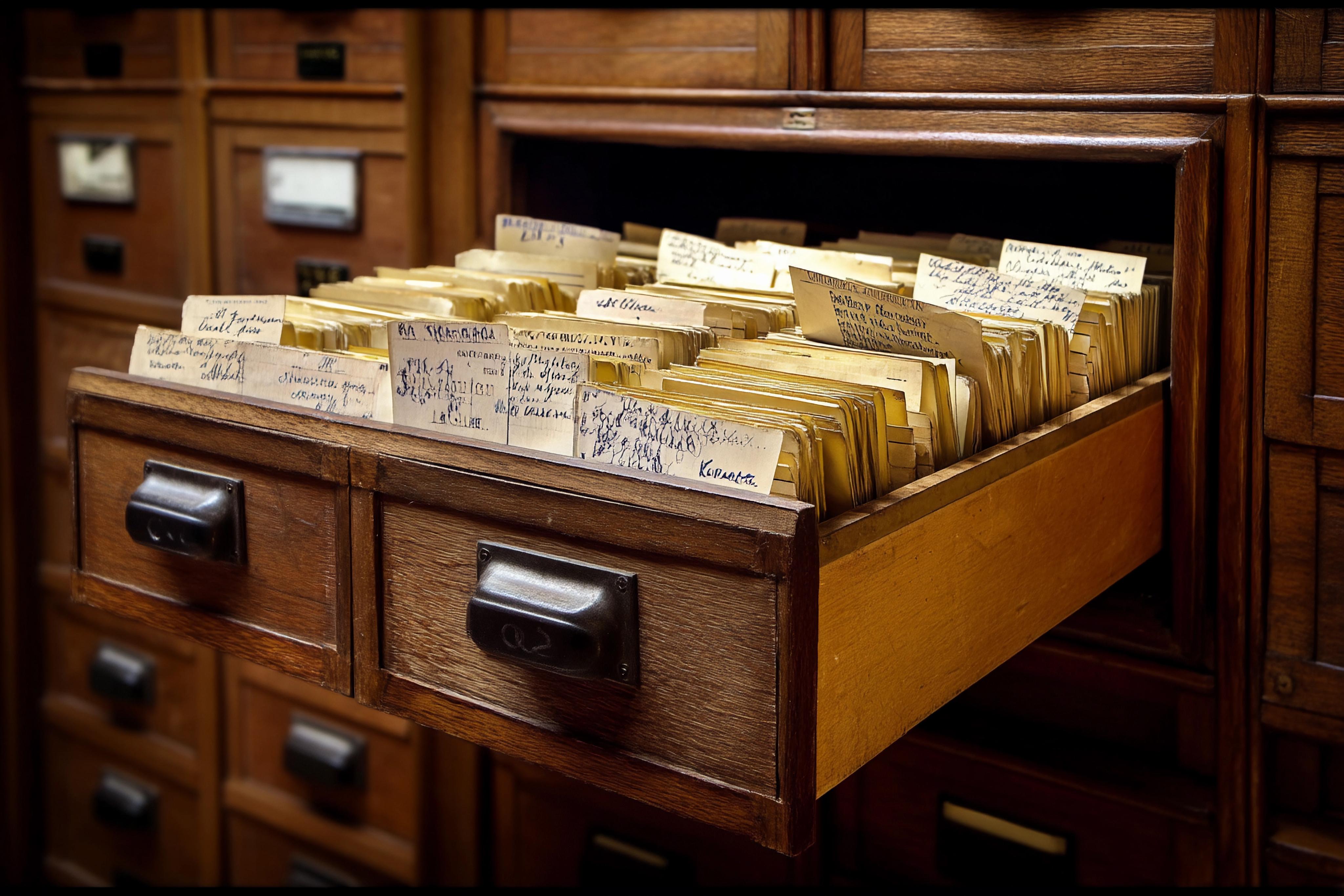 Close-cup of an open card catalog drawer showing the cards inside